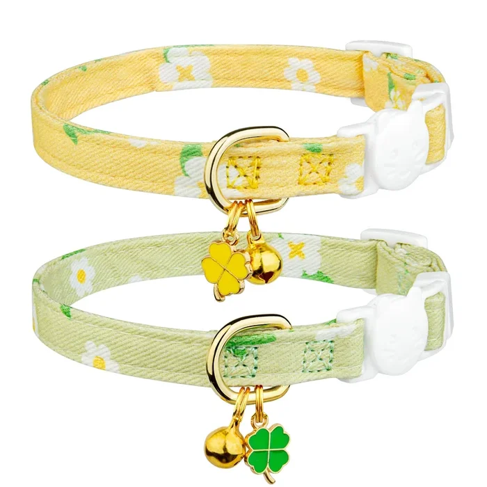 2 Pack Cotton Breakaway Cat Collar Green And Yellow Flowers Pendant Cute Kitten Cat Collar With Bell