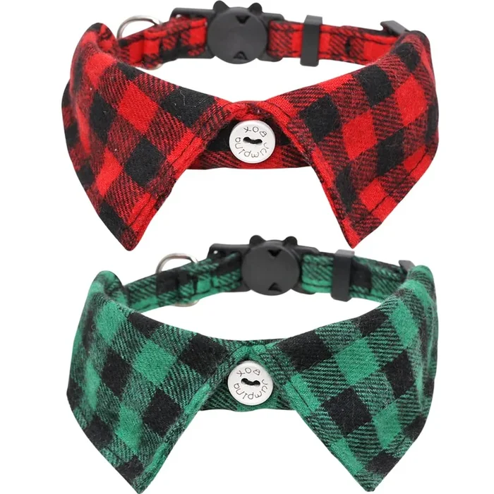 2 Pack/Set Christmas Cat Collar Breakaway With Cute Bow Tie And Bell Plaid For Kitty Adjustable Safety