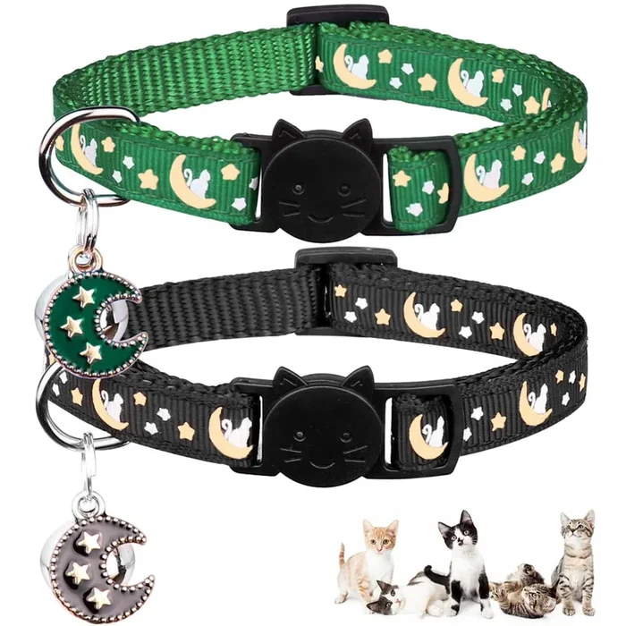 2Pcs Breakaway Cats Collars Cat Collars For Boy & Girl Cats Adjustable Kitten Collars With Bell,Black+Emerald