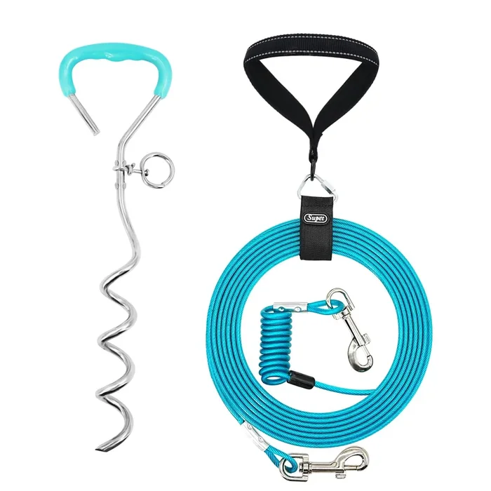 32FT Shock-Absorbing Dog Tie Out Cable & Stake for Backyard, Camping, Traveling, for Dogs up to 250Lbs, Durable Dog Tether/Leash