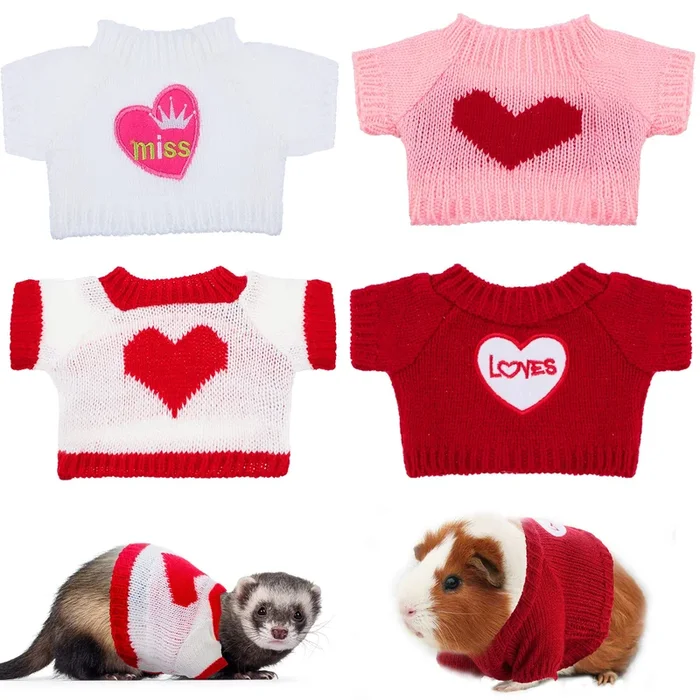 4 Pcs Ferret Clothes Hamster Sweater Guinea Pig Clothes Bunny Costume Knitted Sweatshirt for Warm Winter Valentine Christmas Ves