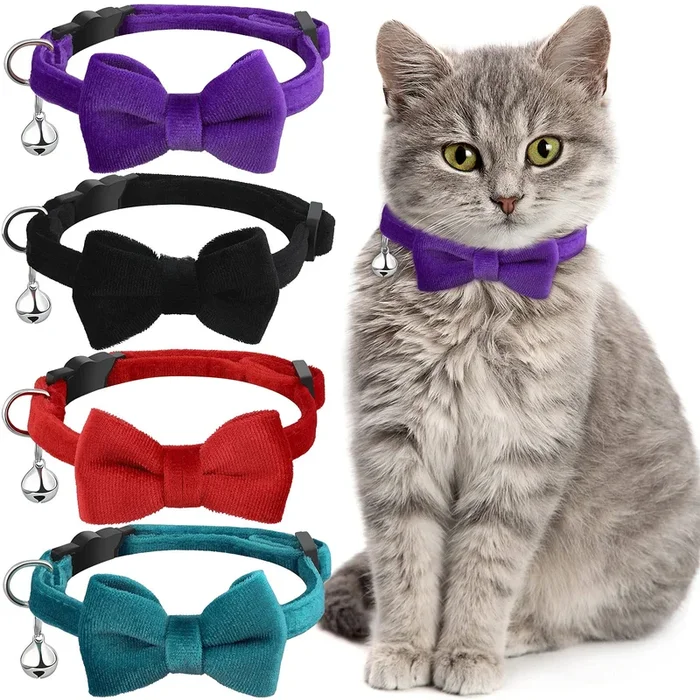 4 Pieces Cat Bow Tie Collar With Bell Breakaway Cat Comfortable Velvet With Cute Safety Pet Collar For Pet Kitten Puppy(Small,Bl