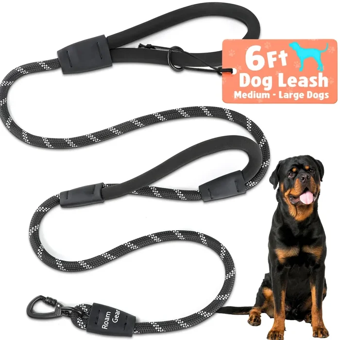 6 Foot Dog Leash, Two Extra Padded Handles, Heavy Duty Dog Leash For Medium To Large Pets, Highly Reflective, Shock-Absorbing No Pull Rope Lead, Durable For Walking, Running, Training Lead – Roam Gear