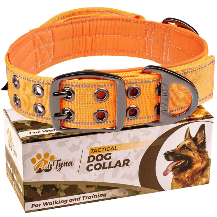 Adityna Heavy Duty Dog Collar For Extra-Large Dogs – Reflective Orange Collar With Handle For Training, And Walking – Wide, Thic