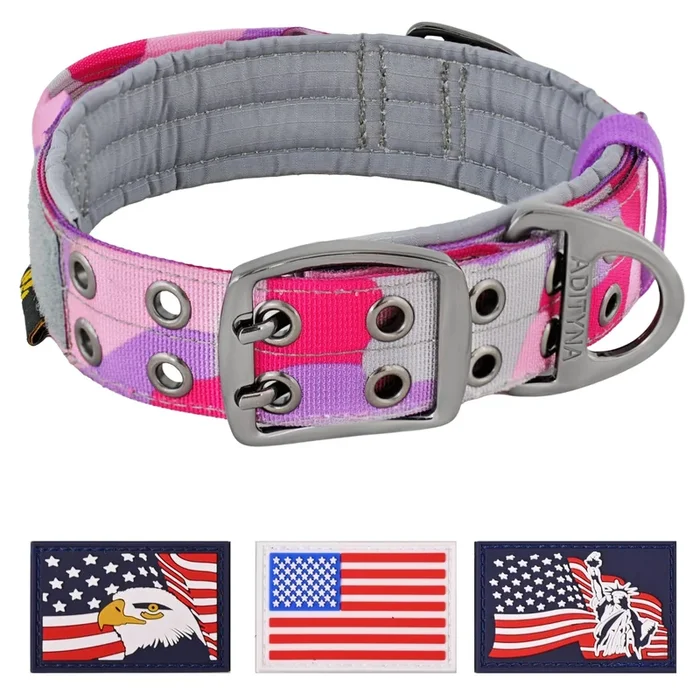 Adityna Heavy Duty Dog Collar For Medium Dogs – Camo Pink Purple Collar With Handle For Training, And Walking – Wide, Thick, Tac