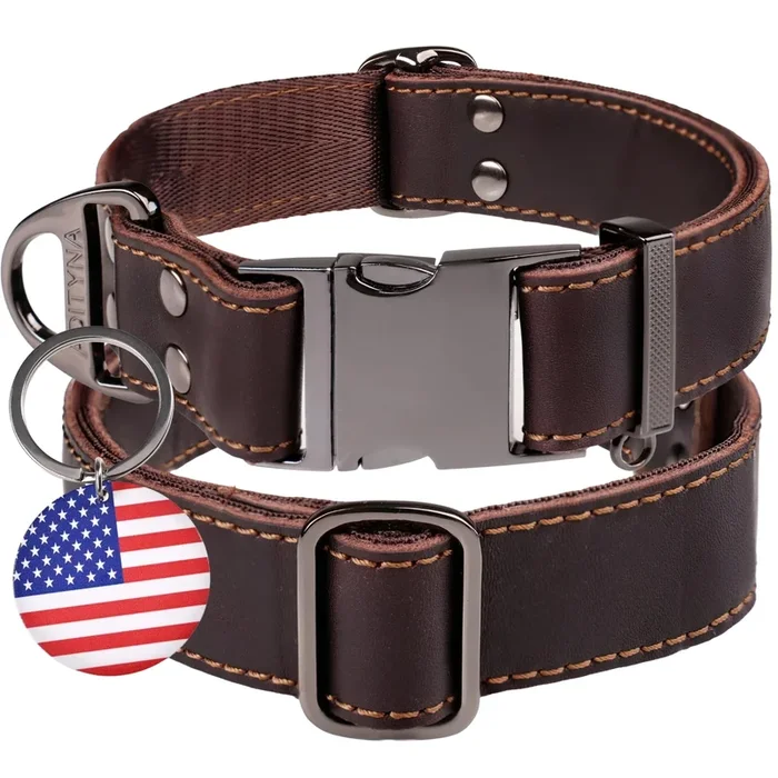 ADITYNA Heavy-Duty Leather Dog Collar with Metal Buckle – Adjustable for Medium & Large Dogs, Brown, Fits 15-21 Necks