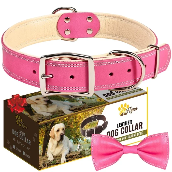 Adityna Heavy Duty Real Leather Dog Collar For Extra Large Dogs – Pink Xl Collar – Soft And Strong Thick Dog Collar With Double Metal Buckle