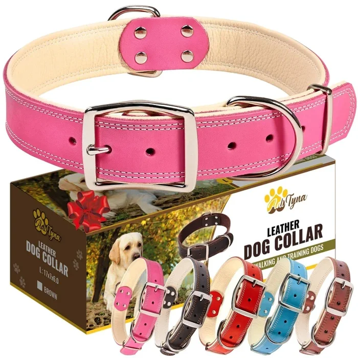 Adityna Heavy Duty Real Leather Dog Collar For Large Dogs – Pink Large Dog Collar – Soft And Strong Thick Dog Collar With Double Metal Buckle