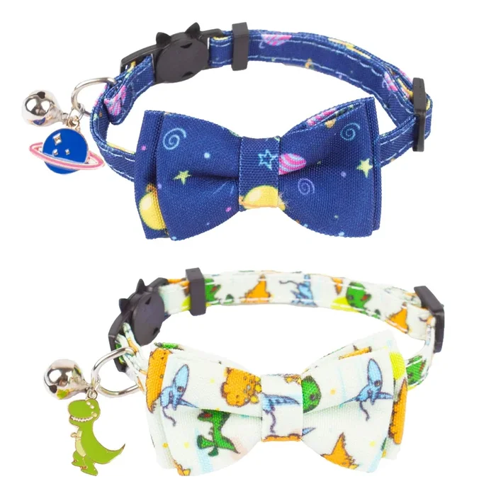 Adoggygo Cat Collar Breakaway With Cute Bow Tie Bell, 2 Pack Kitten Collar With Removable Bowtie, Universe Dinosaur Bowtie Colla