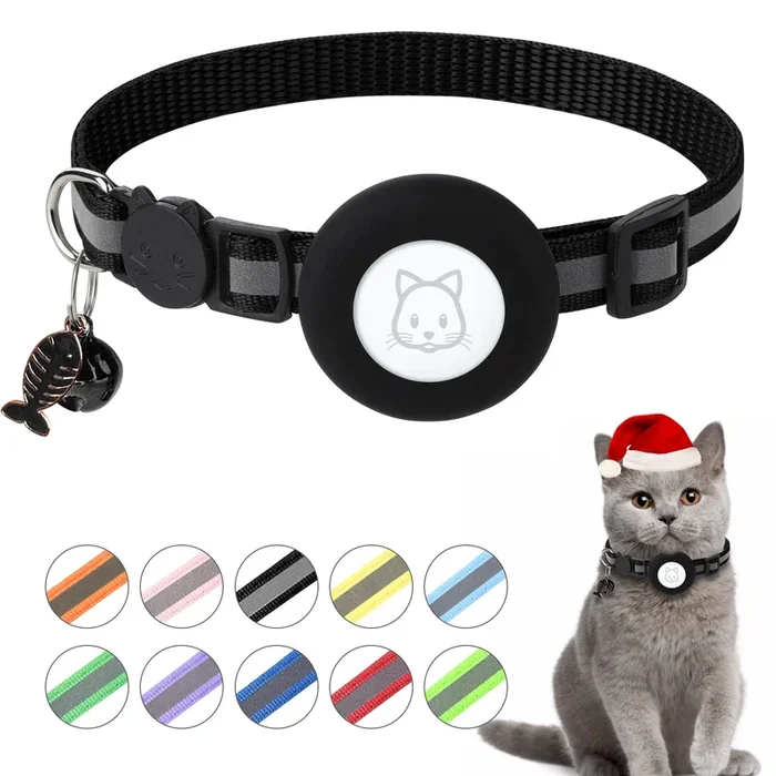 Airtag Cat Collar, Air Tag Cat Collar With Bell And Safety Buckle In 3/8” Width, Reflective Collar With Waterproof Airtag Holde