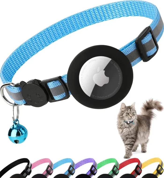Airtag Cat Collar Breakaway, Reflective Kitten Collar With Apple Air Tag Holder And Bell For Girl Boy Cats, 0.4 Inches In Width And Lightweight (Blue)
