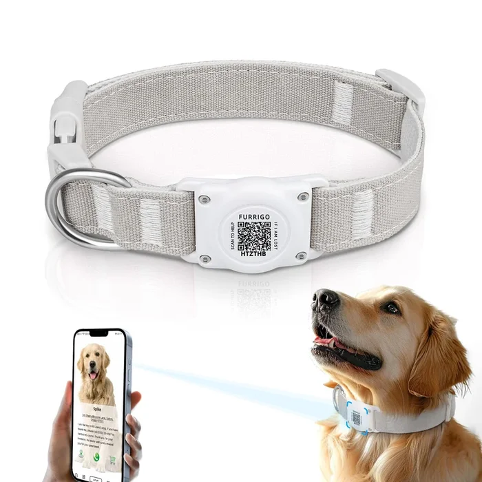Airtag Dog Collar QR Code – IP68 Waterproof Integrated Air Tag Dog Collar Holder ID Tag – Free Pet Online Profile – Durable Natu