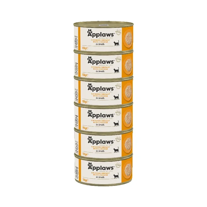 Applaws Natural Wet Adult Cat Food Chicken Breast with Cheese in Broth 6x156g Tins