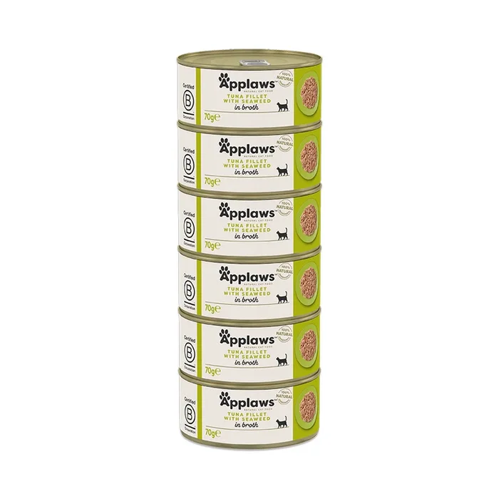 Applaws Natural Wet Adult Cat Food Tuna Fillet with Seaweed in Broth 6x70g Tins