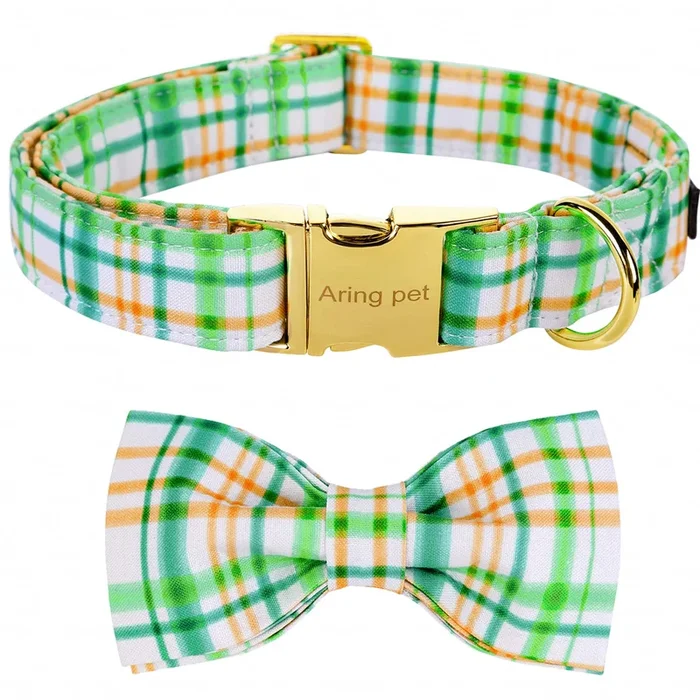 ARING PET Bowtie Dog Collar, Adorable Green Grid Dog Collars with Detachable Bow, Adjustable Collar Gifts for Small Medium Large