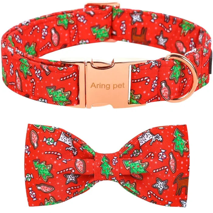 Aring Pet Christmas Dog Collar, Cotton Red Dog Collar With Bow, Adjustable Christmas Tree Bowtie Dog Collar With Metal Buckle Fo