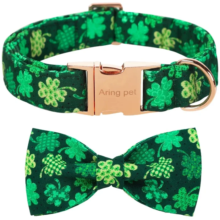 ARING PET St. Patrick ‘s Day Dog Collar-Cute Clovers Dog Collar with Bow, Cotton Trefoil Bowtie Dog Collars with Metal Buckle fo