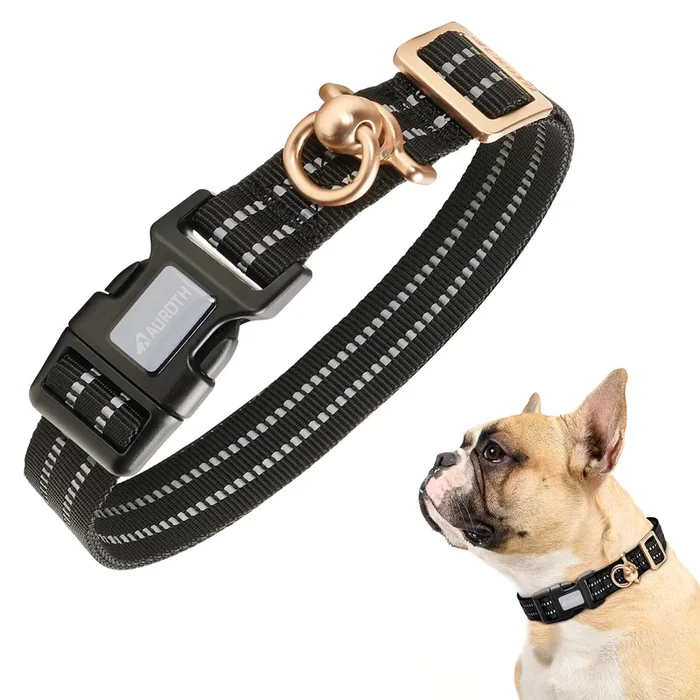 Auroth Dog Collar For Medium Large Dogs, Reflective Dog Collar, Soft Nylon Adjustable Dog Collars With Heavy Duty Metal D Ring Tangle Free (Medium:12′-19.6′, Black)
