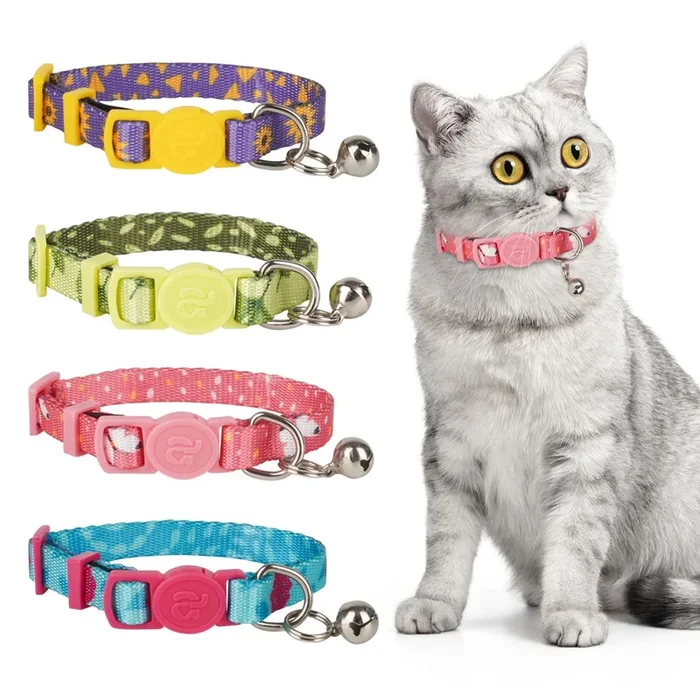 Azuza 4 Pack Breakaway Cat Collar With Bell, Quick Release Safe Buckle Adjustable Cat Collars, Floral Print Rose/Ginkgo/Sunflower/Butterfly