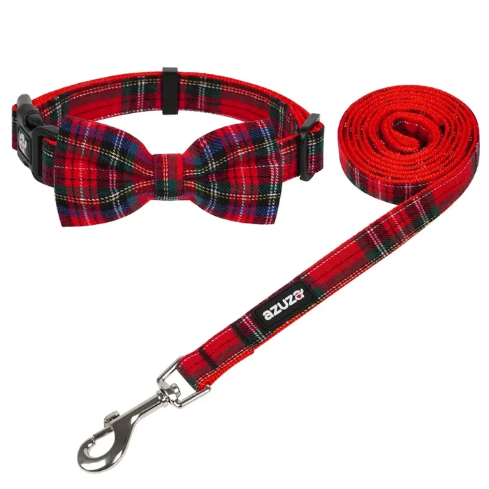 Azuza Christmas Buffalo Dog Collar And Leash Set, Classic Plaid Collar With Removable Bowtie And Matching Leash For Puppy Small Dogs