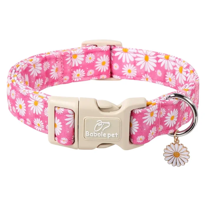 Babole Pet Summer Daisy Dog Collar, Cute Floral Adjustable Pink Dog Collars For Giant Large Dogs, Lightweight Quick-Release Buck