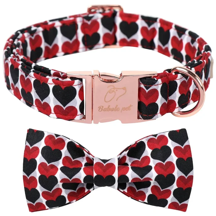 Babole Pet Valentines Dog Collar For Small Dog With Bow Tie, Red&Black Love Heart Valentine Dog Collars With Safety Metal Buckle
