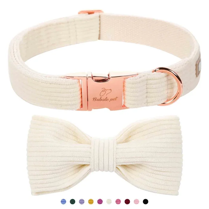 Babole Pet White Dog Collars for Large Dog,Cute Corduroy Dog Collar with Bow Tie Safety Metal Buckle Adjustable Puppy Collars fo