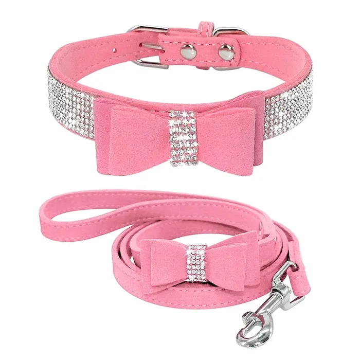 Beirui Rhinestone Bling Leather Dog Collar And Leash Set – Soft Flocking Sparkly Crystal Diamonds Studded – Cute Double Bowknot Collar With 4 Foot Leash For Pet Show,Pink,Neck Fit 12.5-15′