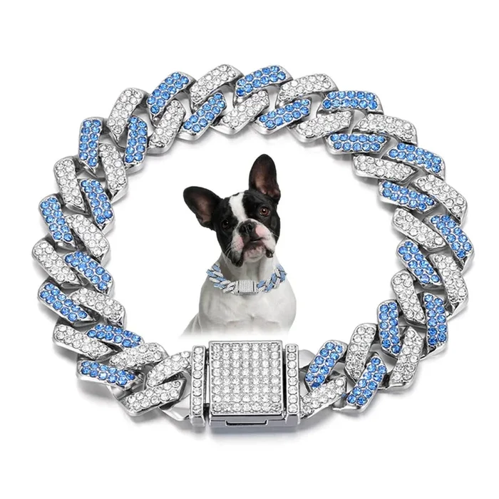 Blue Dog Chain Collar, Bling Diamond Cuban Link Puppy Collar Glitter Rhinestone Cat Collars For Small Medium Large Pet Dogs, 8-I