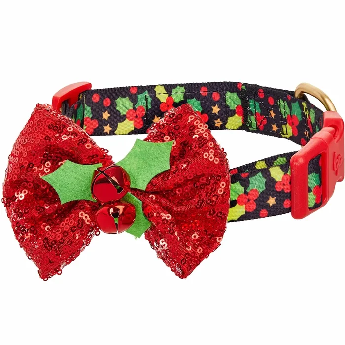 Blueberry Pet Christmas Holly Adjustable Dog Collar With Bowtie – Dog Collars For Small Dogs, Holiday Dog Collars, Christmas Col