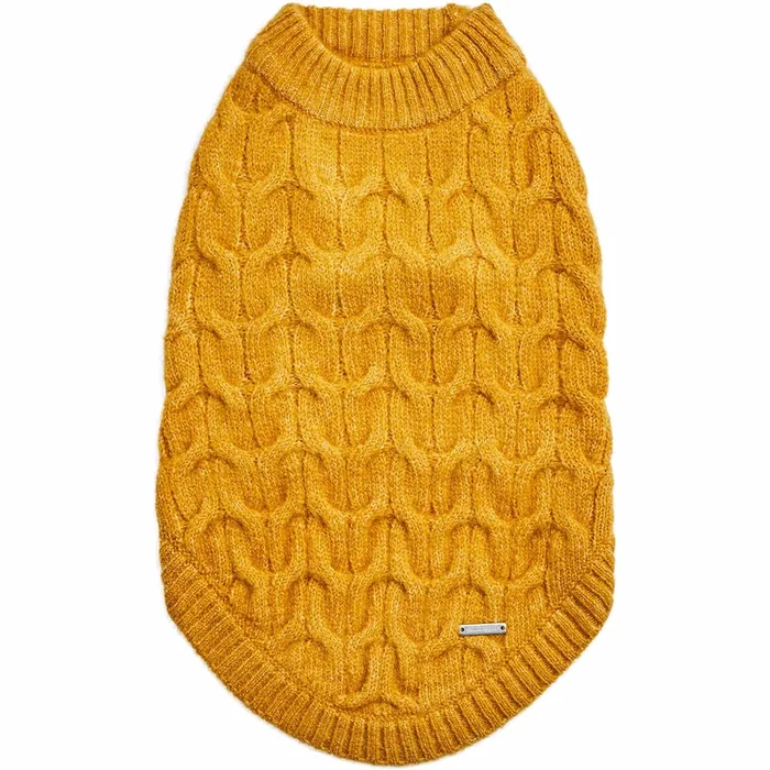 Blueberry Pet Classic Fuzzy Textured Knit Pullover Crew-Neck Dog Sweater In Mustard Yellow, Back Length 18′, Pack Of 1 Clothes For Dogs