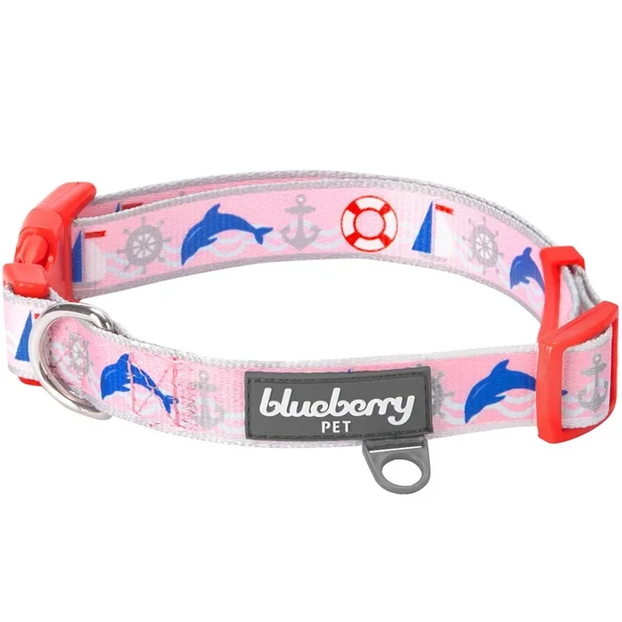 Blueberry Pet Essentials 5 Patterns Smart Chic Bon Voyage Ocean Scenery Dolphin Designer Adjustable Dog Collar, Small, Neck 12”