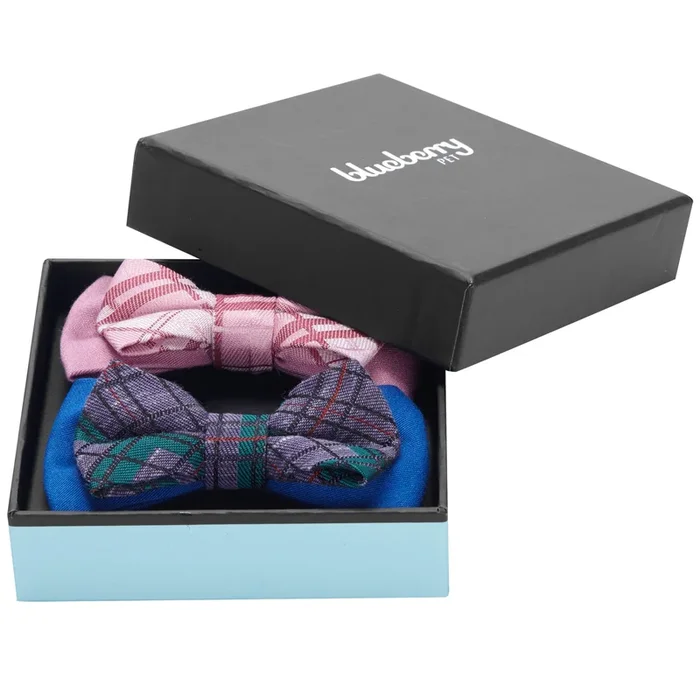 Blueberry Pet Gift Box with Pack of 2 Handmade Dog Cat Bow Tie, Scottish Plaid Tartan Style Bowtie Set in Baby Pink & Blue, 4 *