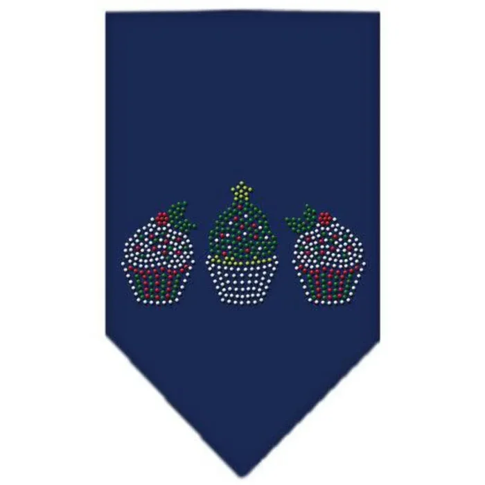 Christmas Pet and Dog Bandana Rhinestone, Christmas Cupcakes Navy Blue Large