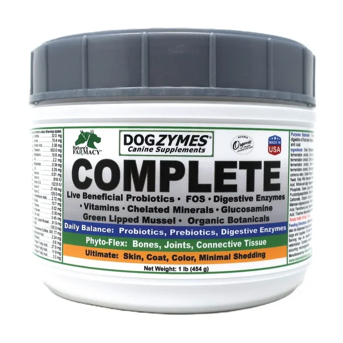 Dogzymes Complete – Probiotics, prebiotics, Glucosamine, Chondroitin, MSM and Hyaluronic Acid, Complete Skin and Coat Care (1 Po