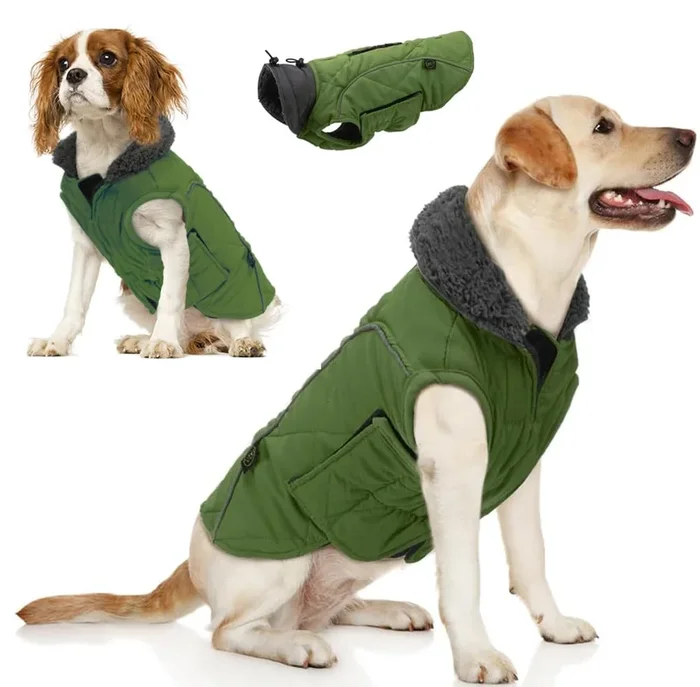 EMUST Winter Dog Coats, Fleece Pet Apparel for Cold Weather, British Style Windproof Warm Dog Jacket for Winter, Green, XS