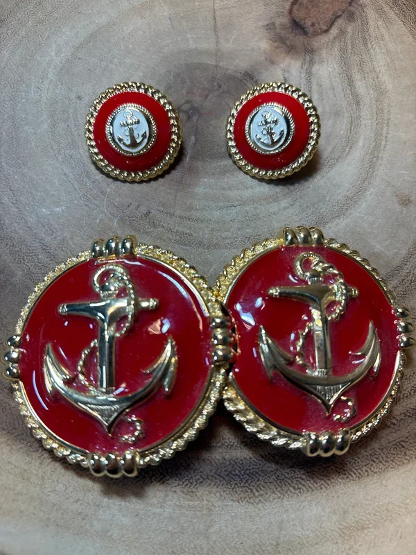 Enameled Anchor Earrings & Belt Buckle Set