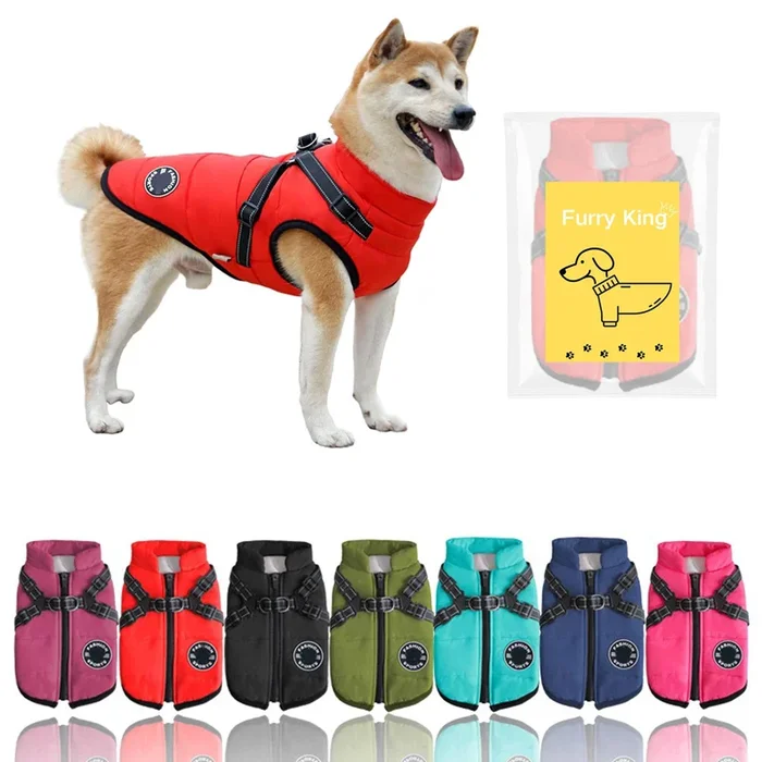 Furry King Dog Winter Coat With Harness, 7 Colors, Waterproof, Fleece Lined. (Red, Xx-Large)