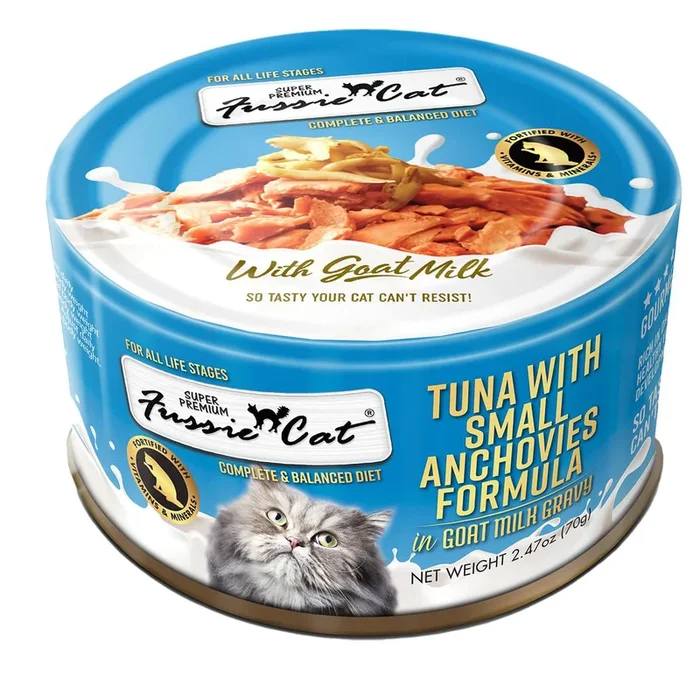 Fussie Super Premium With Goat Milk Gravy Wet Cat Food – Tuna & Small Anchovies – 2.47oz Can