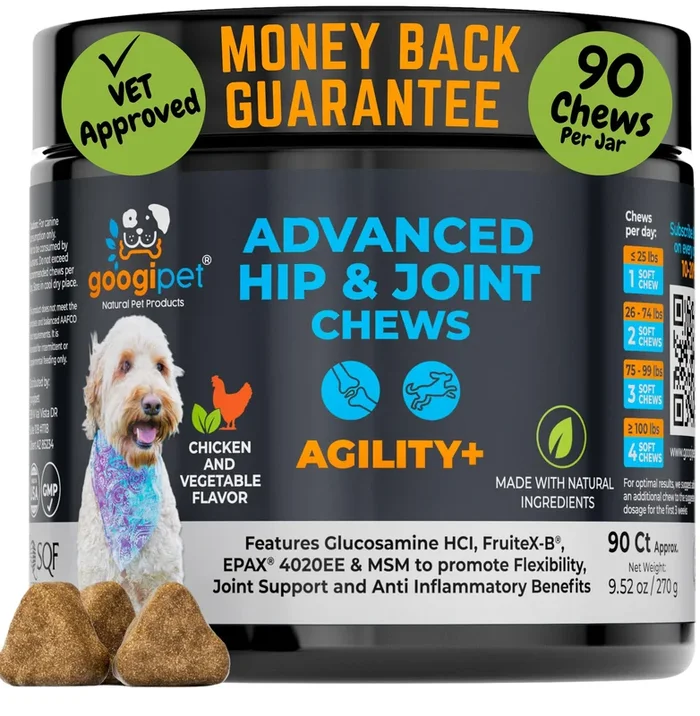 Googipet Hip and Joint Supplement for Dogs – Glucosamine for Dogs – Soft Chews w/Green Lipped Mussels, Turmeric, & Collagen for