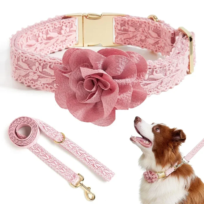 Hqrea Pink Lace Dog Collar And Leash Set For Small Dogs With Detachable Flower Bow, Gold Hardware, Elegant Pet Accessories For F