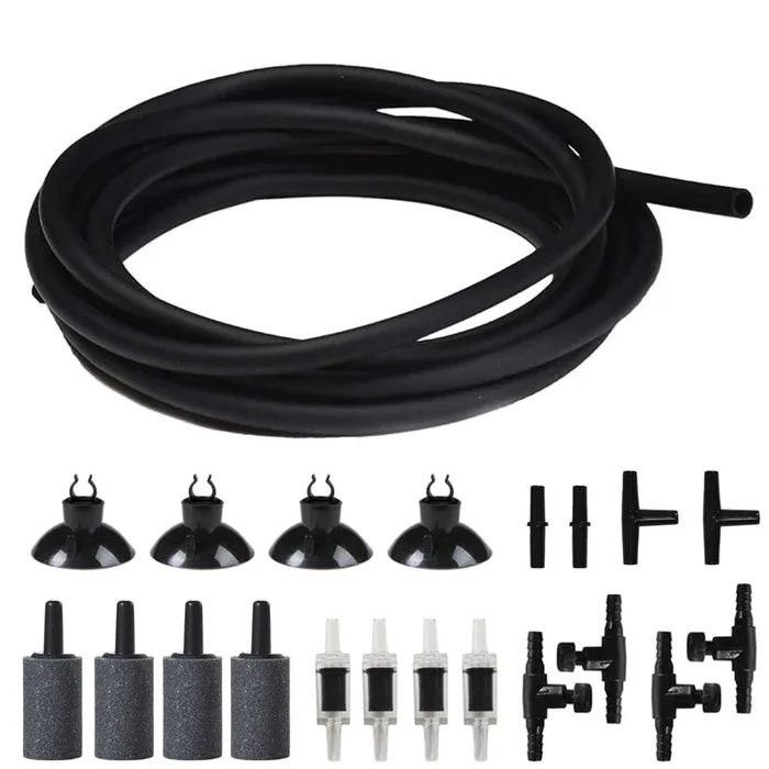 Jih Aquarium Air Pump Accessories Set -25 Feet Airline Tubing Black Standard, Air Stones,Check Valves, Suction Cups And Connectors