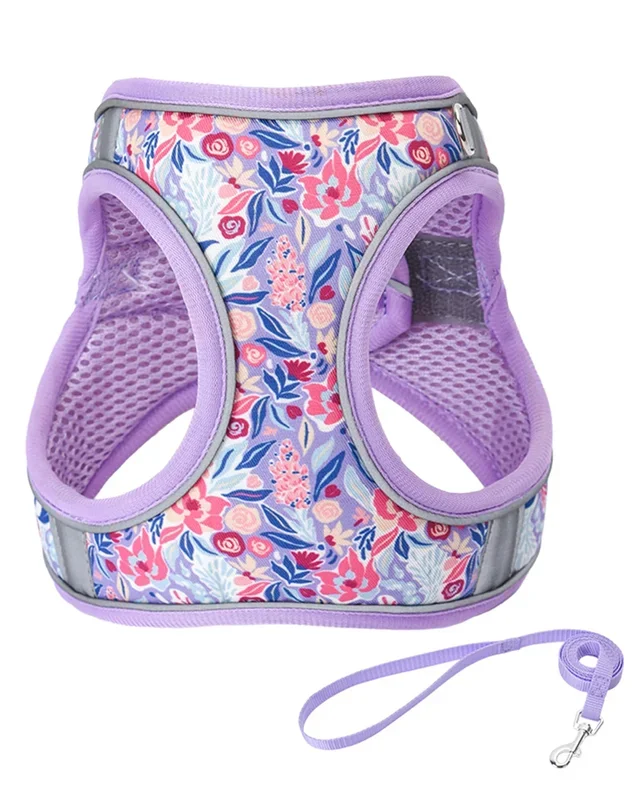 JUFOO S Light Purple Flower Pattern Dog Harness and Leash Set,No Escape Easy Walk Puppy Harnesses for Training Walking,Breathabl