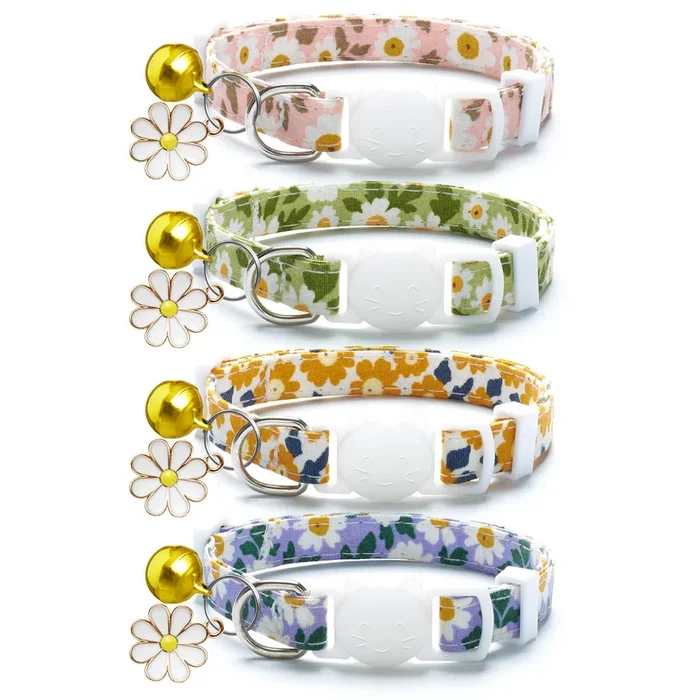 Lafayi 4 Pack Cotton Breakaway Cat Collar With Bell & Flowers Pendant,Cute Pet Kitten Collar For Girl Boy Cats,Pet Supplies,Stuf