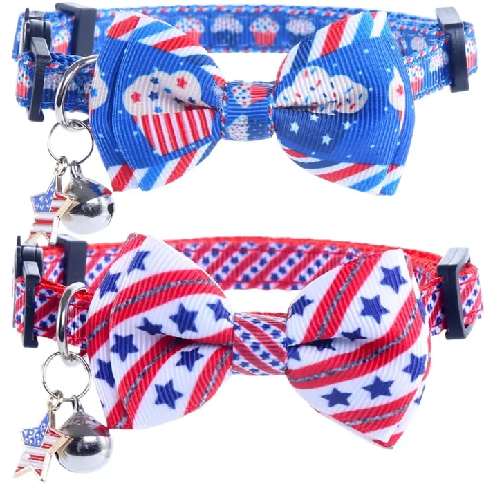 Lamphyface American Flag Cat Collar With Bell Bow Tie Star Breakaway Adjustable For 4Th Of July Independence Day