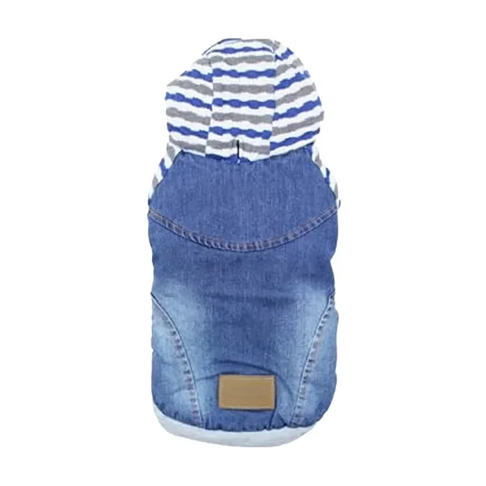 Parisian Pet Basic Dog Hoodie – Lightweight Denim Striped Sweatshirt With Leash Hole And Pockets – Blue Cotton Clothes For Mediu