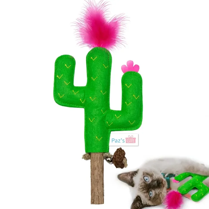 Paz’S Gift Cat Chew Toy Catnip Organic Cat Bite Toy Indoor Interactive Cat Kick Stick For Cats Silvervine With Feather Cat Stick Cute Plush Cactus
