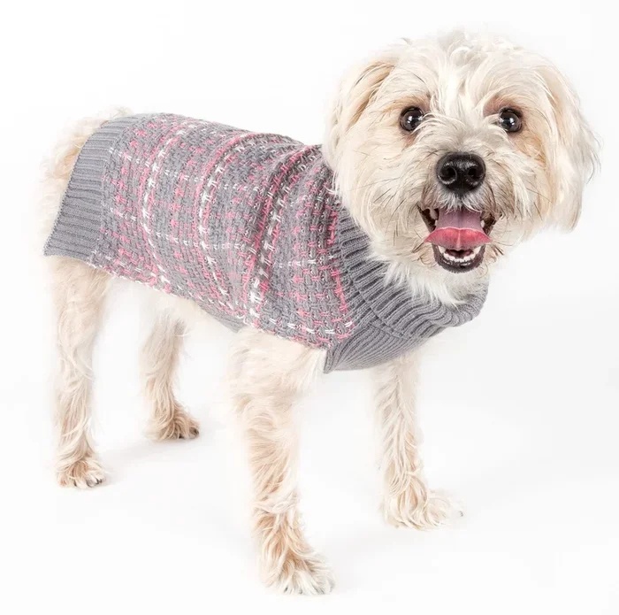 Pet Life Vintage Symphony Static Fashion Designer Knitted Pet Dog Sweater, Small, Grey, Pink And White