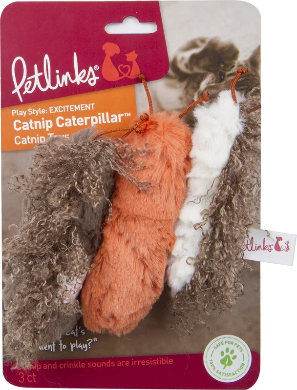 Petlinks (3 Count) Catnip Catterpillar Crinkle Plush Cat Toys – Multi Color, 3 Count