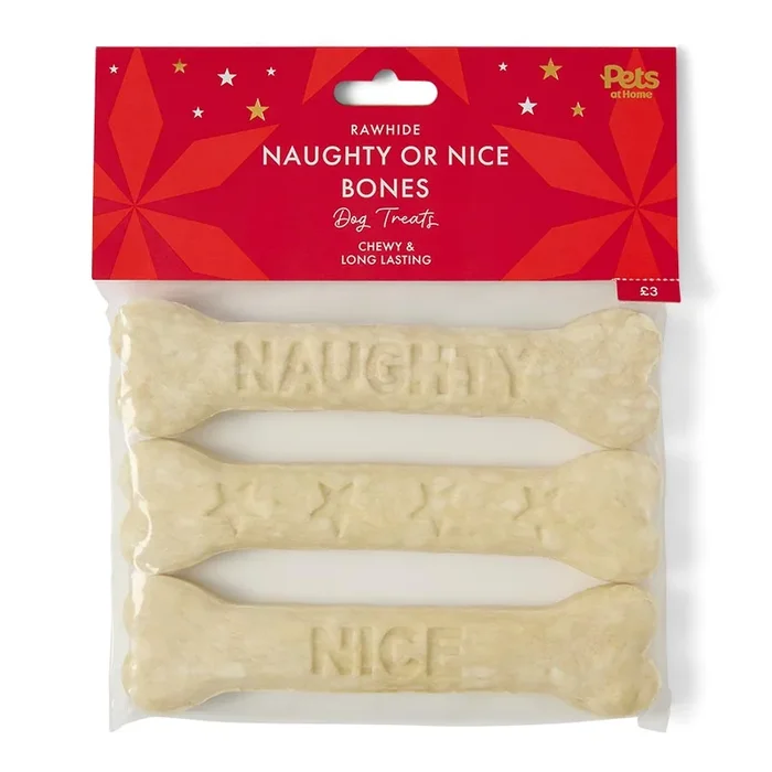 Pets at Home Christmas Rawhide Naughty Or Nice Bones Dog Treats 3 Pack
